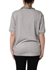 Dolce & Gabbana Gray Cotton V-neck Owl Silk Scarf Top T-shirt