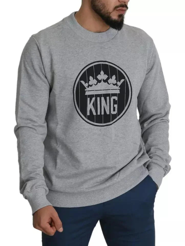 Dolce & Gabbana Gray Crown King Print Cotton Pullover Sweater - IT52 | XL - Sweaters