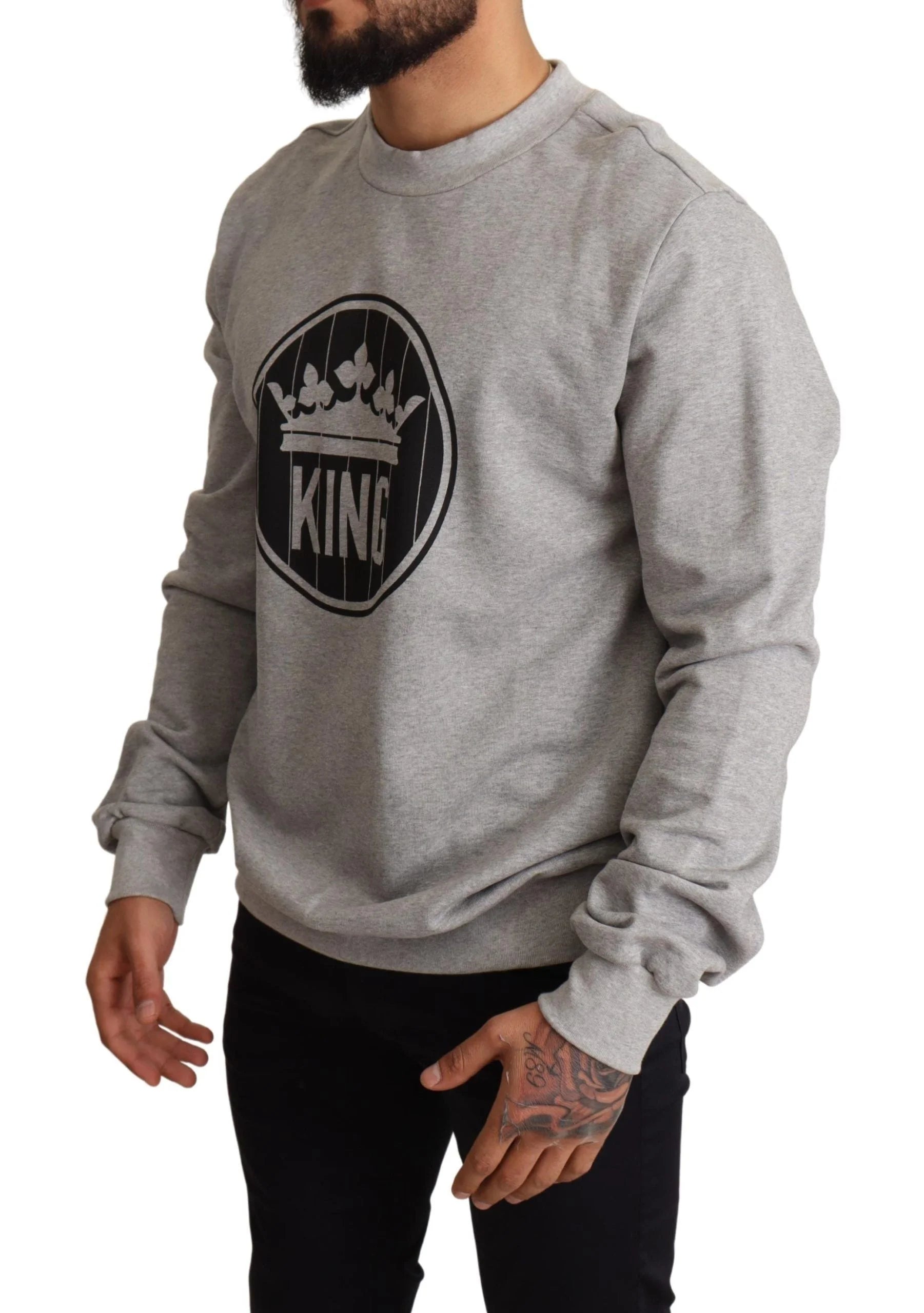 Dolce & Gabbana Gray Crown King Print Cotton Sweater - Sweaters