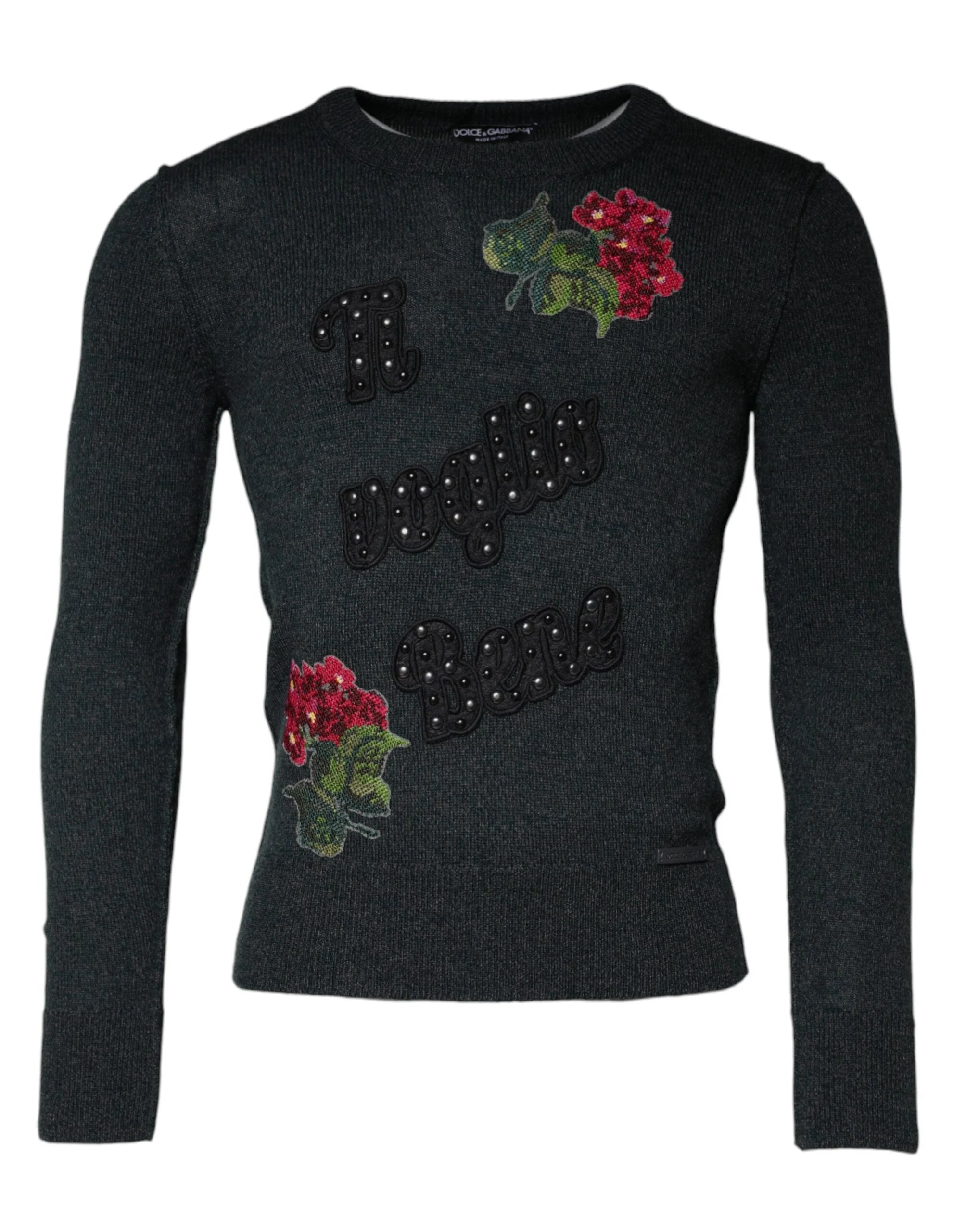 Dolce & Gabbana Gray Embellished Crew Neck Pullover Sweater - IT44 | XS - Sweaters