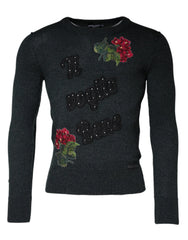 Dolce & Gabbana Gray Embellished Crew Neck Pullover Sweater - IT44 | XS - Sweaters