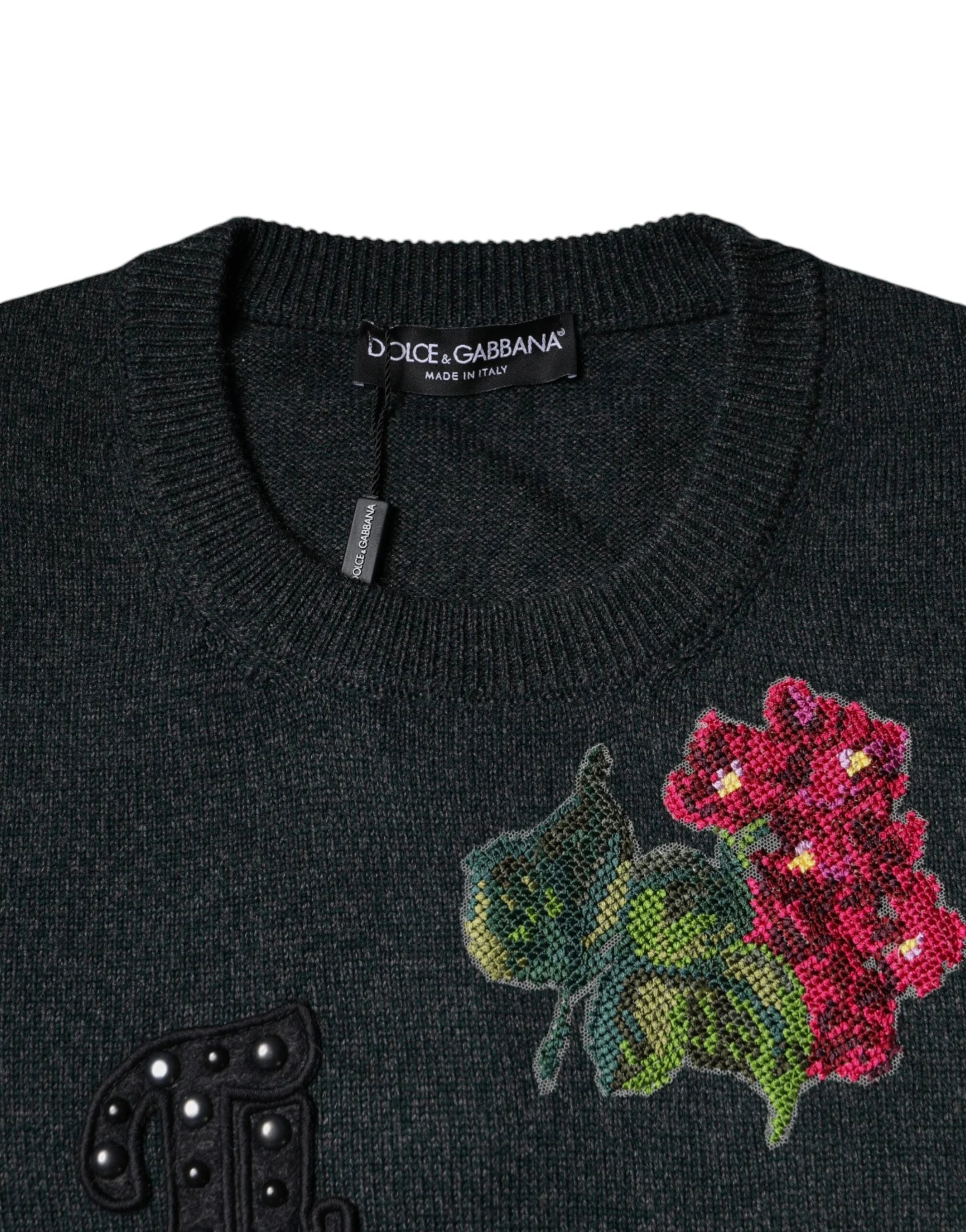 Dolce & Gabbana Gray Embellished Crew Neck Pullover Sweater - IT44 | XS - Sweaters