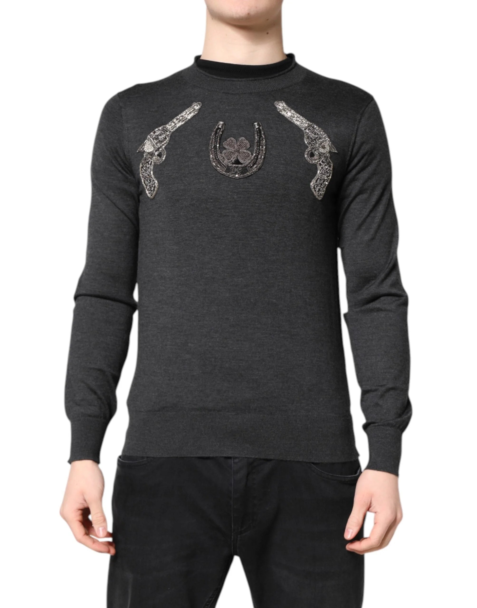 Dolce & Gabbana Gray Embroidery Knit Men Pullover Sweater - Sweaters