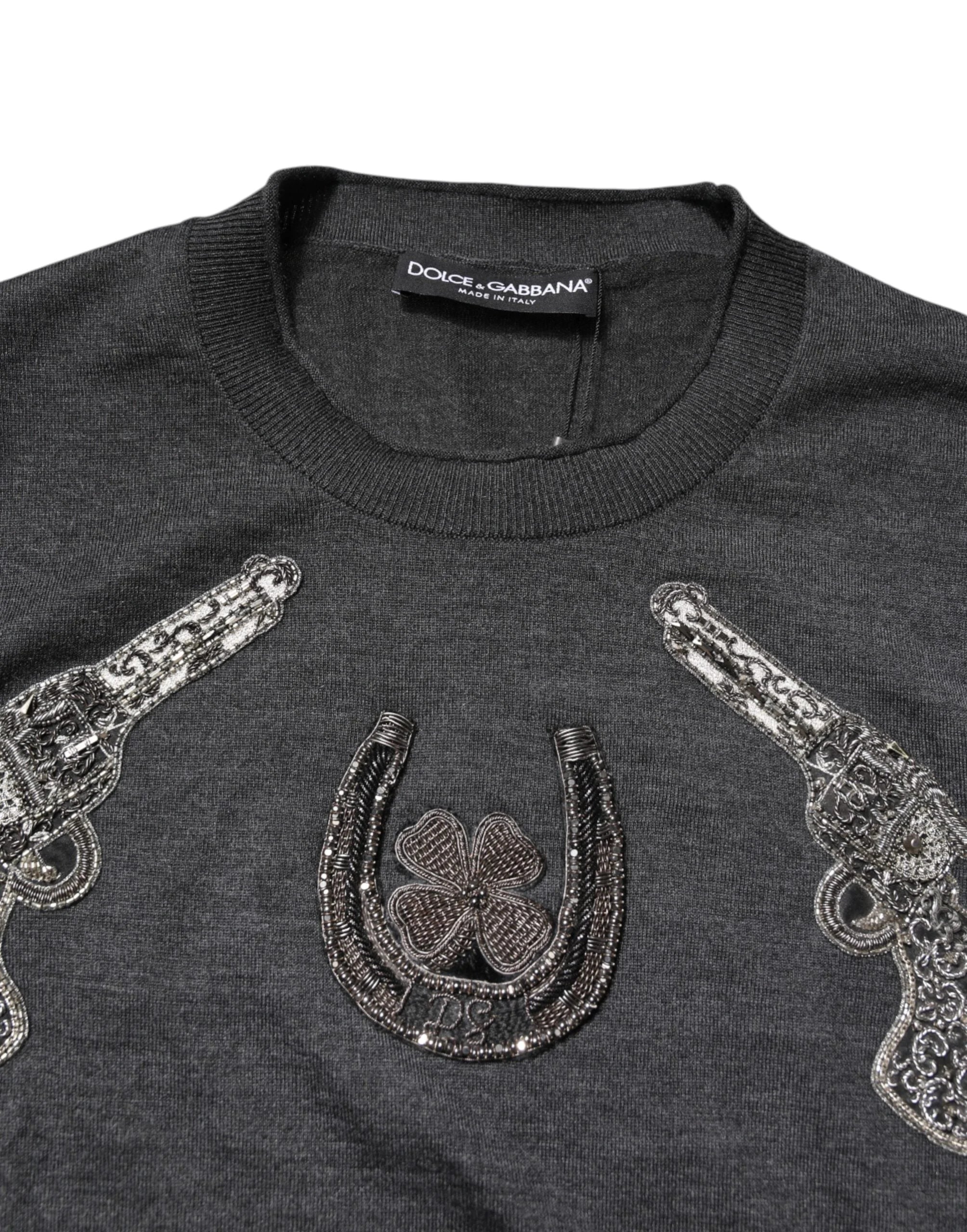 Dolce & Gabbana Gray Embroidery Knit Men Pullover Sweater - Sweaters