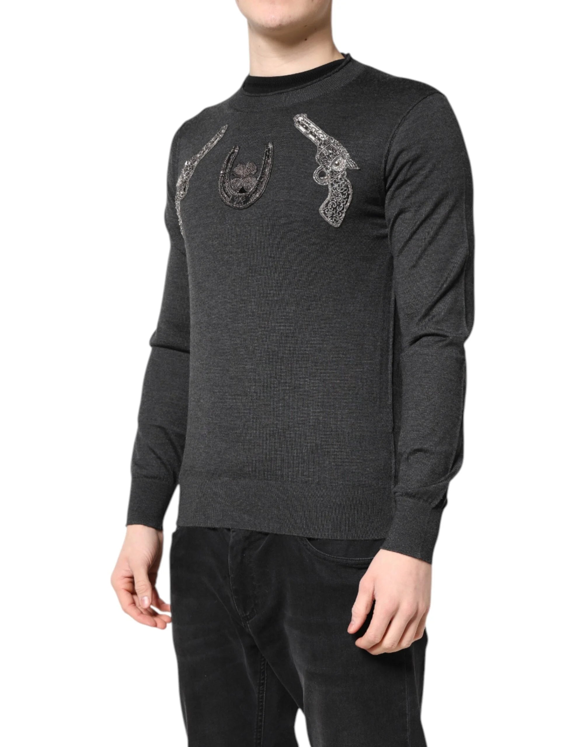 Dolce & Gabbana Gray Embroidery Knit Men Pullover Sweater - Sweaters