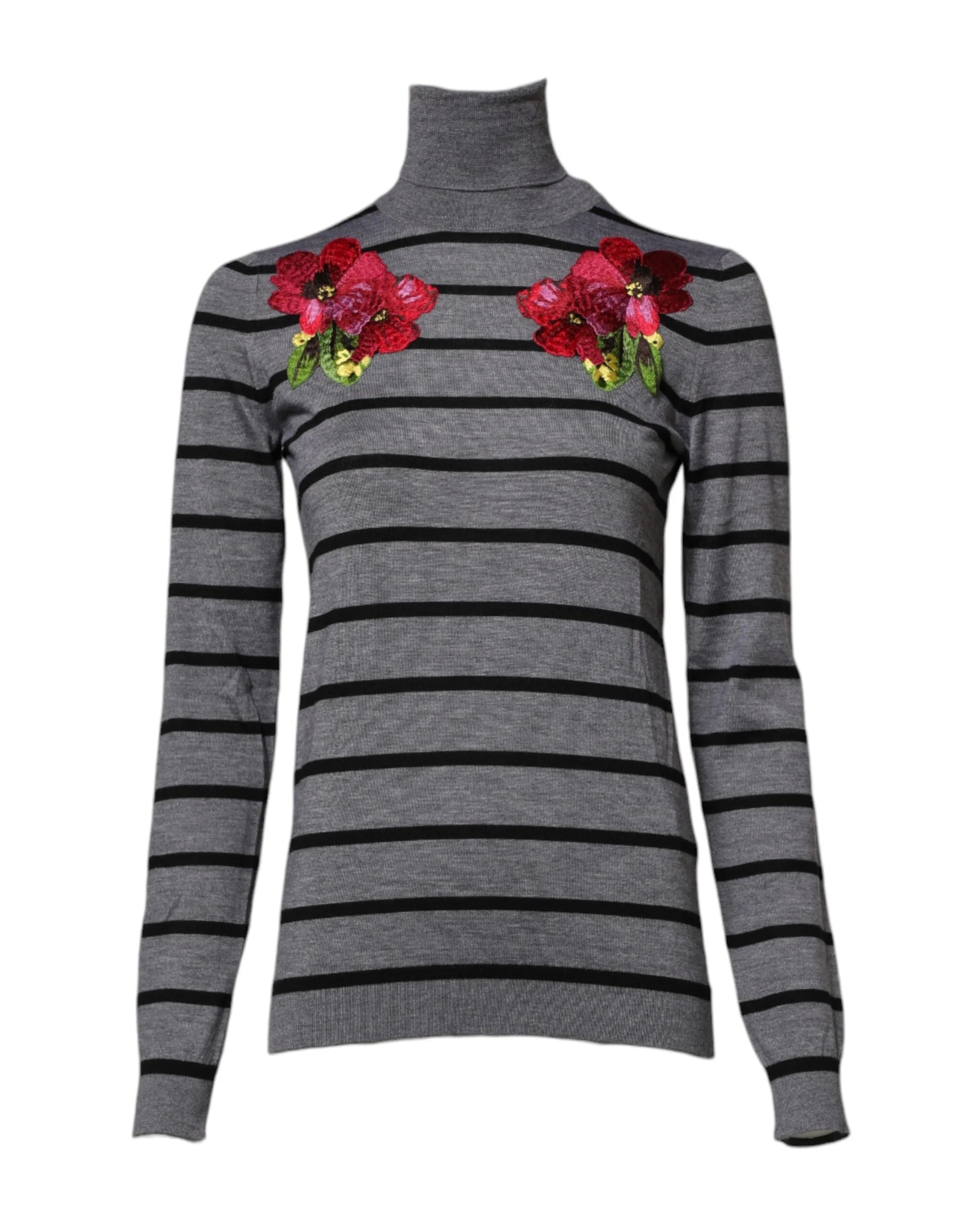 Dolce & Gabbana Gray Floral Embroidery Pullover Sweater - IT36|XXS - Sweaters