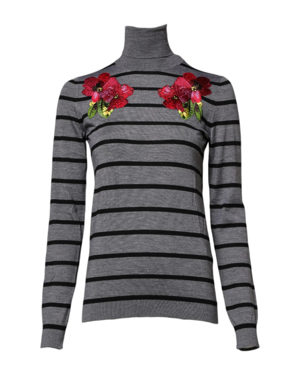 Dolce & Gabbana Gray Floral Embroidery Pullover Sweater - IT36|XXS - Sweaters