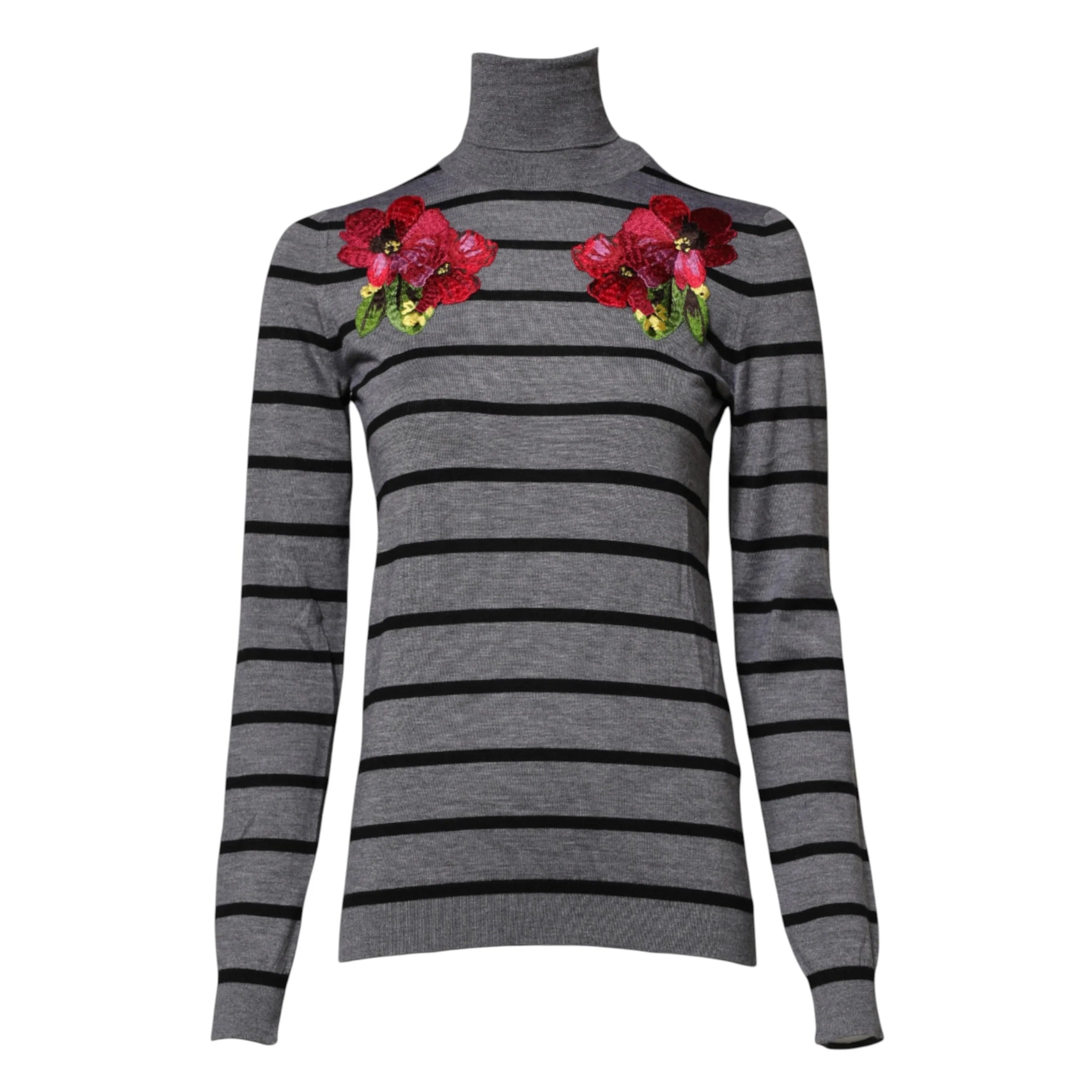 Dolce & Gabbana Gray Floral Embroidery Pullover Sweater - IT36|XXS - Sweaters