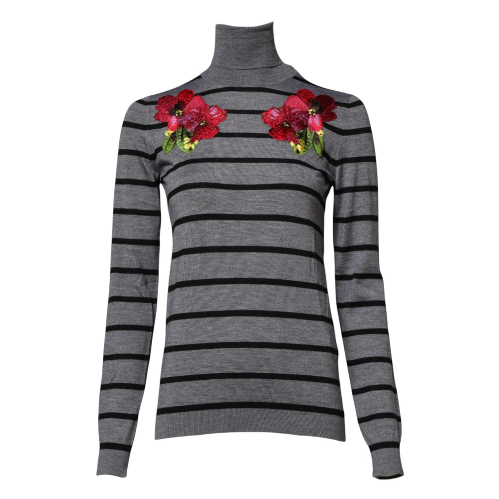 Dolce & Gabbana Gray Floral Embroidery Pullover Sweater - IT36|XXS - Sweaters