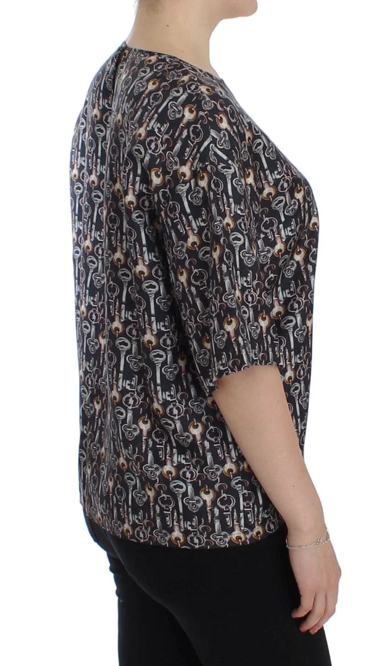 Dolce & Gabbana Gray Gold Key Print Silk Blouse T-shirt - Blouses