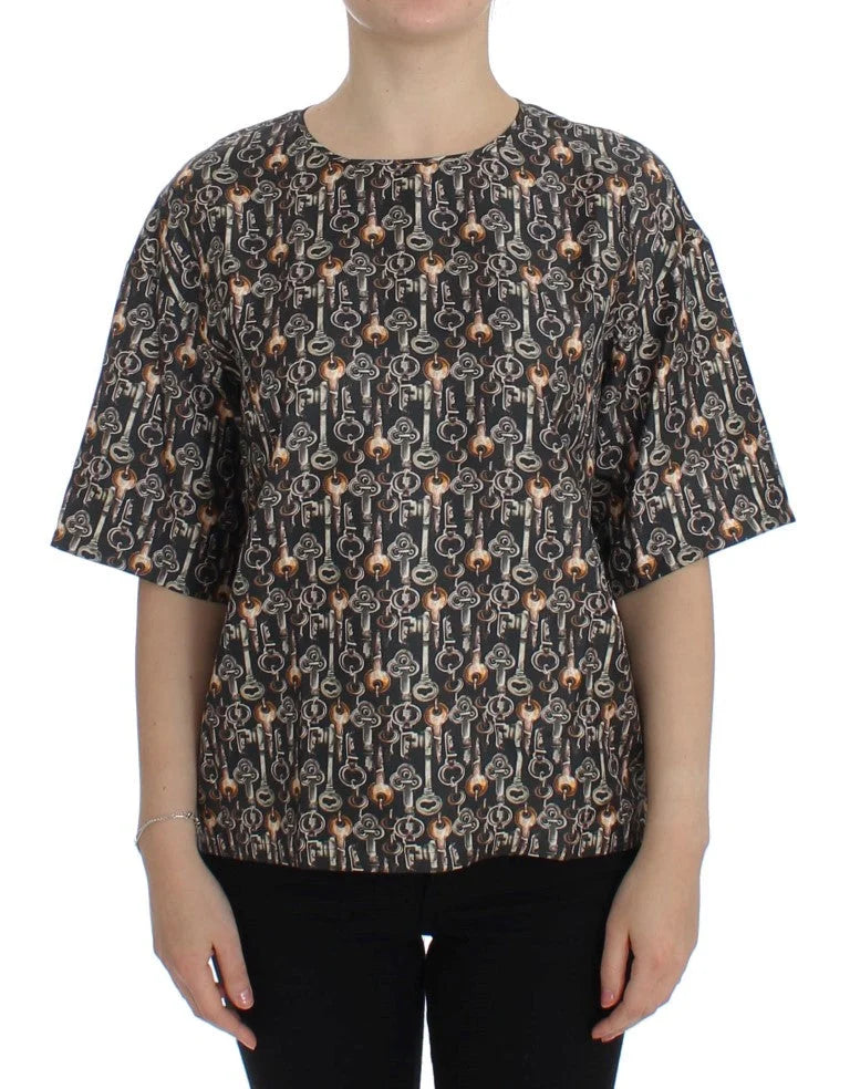 Dolce & Gabbana Gray Gold Key Print Silk Blouse T-shirt - Blouses