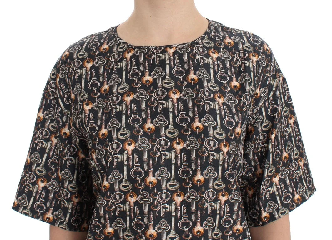 Dolce & Gabbana Gray Gold Key Print Silk Blouse T-shirt - Blouses