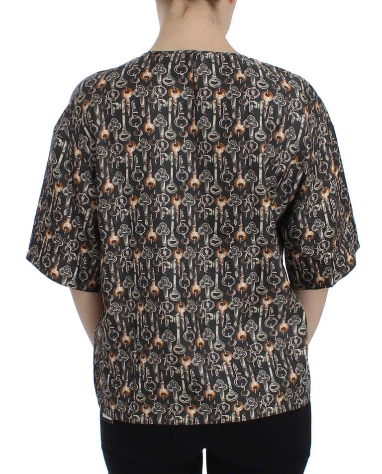 Dolce & Gabbana Gray Gold Key Print Silk Blouse T-shirt - Blouses