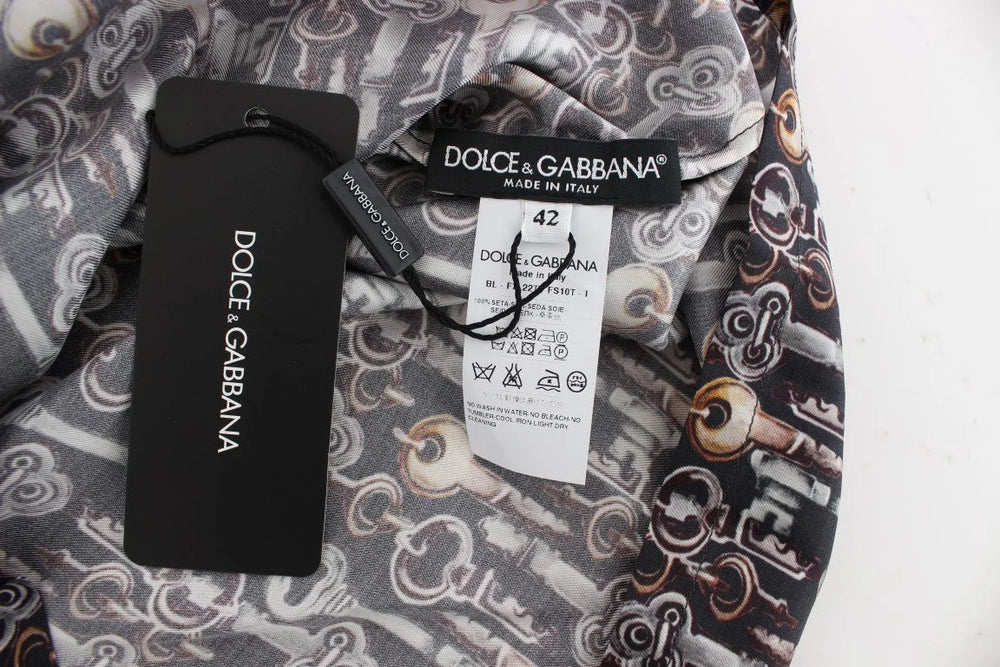 Dolce & Gabbana Gray Gold Key Print Silk Blouse T-shirt - Blouses