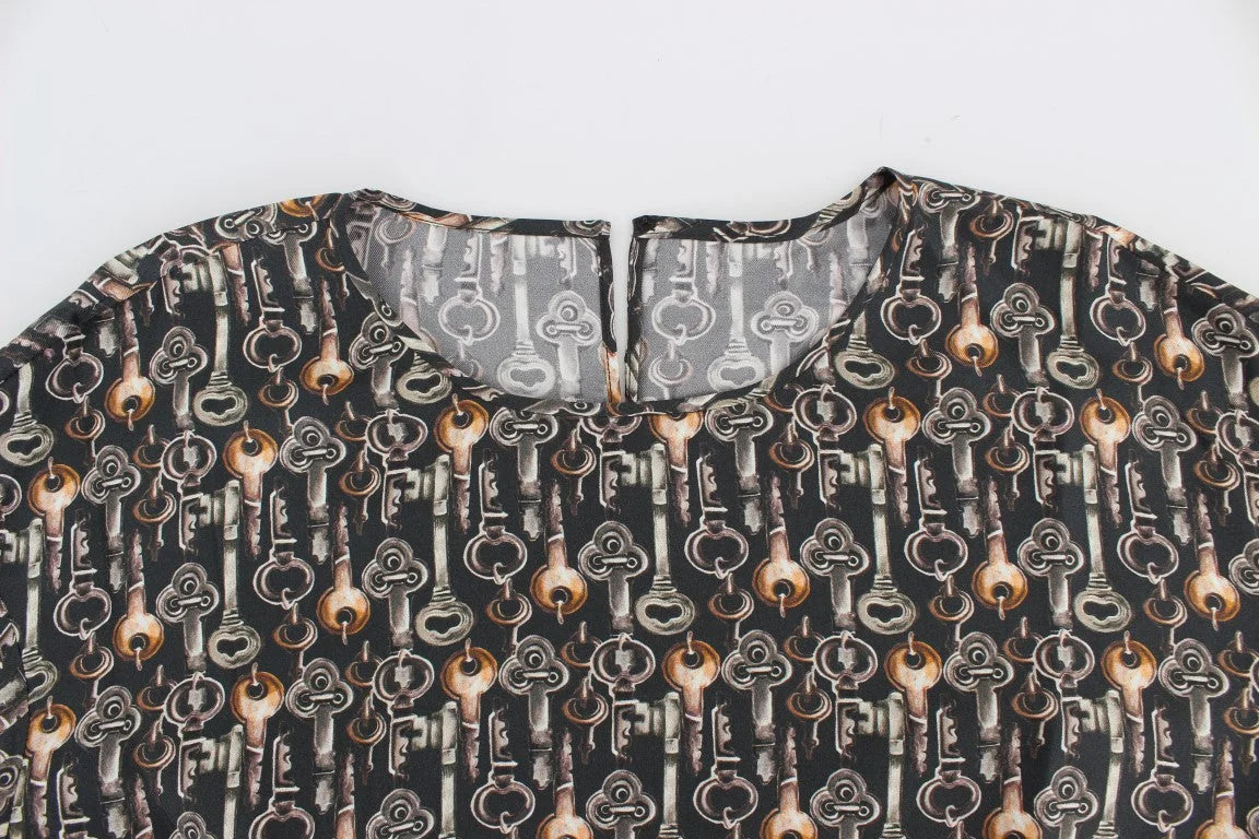 Dolce & Gabbana Gray Gold Key Print Silk Blouse T-shirt - Blouses