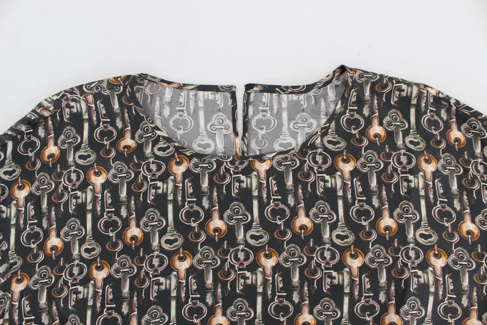 Dolce & Gabbana Gray Gold Key Print Silk Blouse T-shirt - Blouses