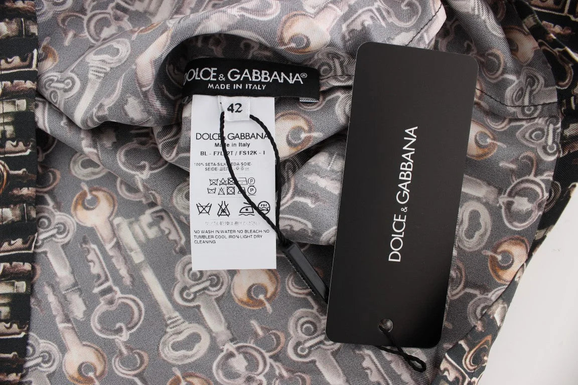 Dolce & Gabbana Gray Gold Key Print Silk Blouse T-shirt - Blouses
