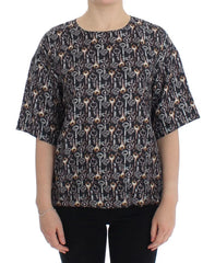 Dolce & Gabbana Gray Gold Key Print Silk Blouse T-shirt - Blouses