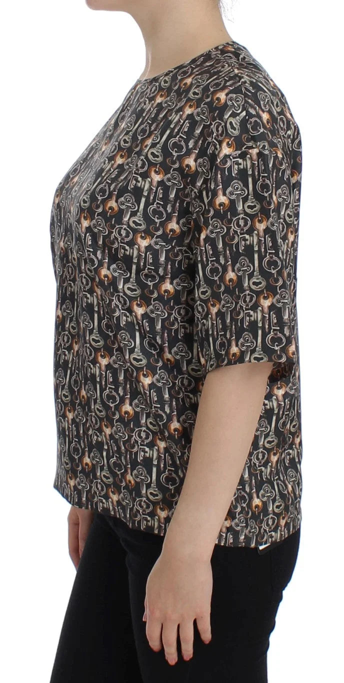 Dolce & Gabbana Gray Gold Key Print Silk Blouse T-shirt - Blouses