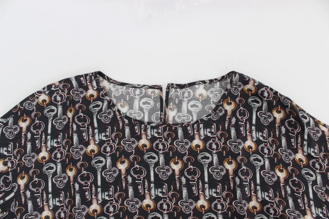 Dolce & Gabbana Gray Gold Key Print Silk Blouse T-shirt - Blouses