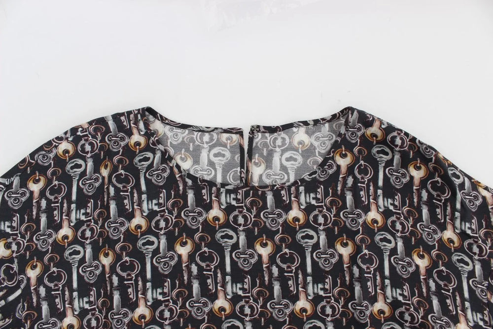 Dolce & Gabbana Gray Gold Key Print Silk Blouse T-shirt - Blouses