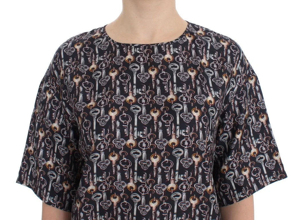 Dolce & Gabbana Gray Gold Key Print Silk Blouse T-shirt - Blouses