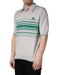 Dolce & Gabbana Gray Green Striped Logo Silk Polo T-shirt - IT56 | XXL