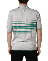 Dolce & Gabbana Gray Green Striped Logo Silk Polo T-shirt - IT56 | XXL