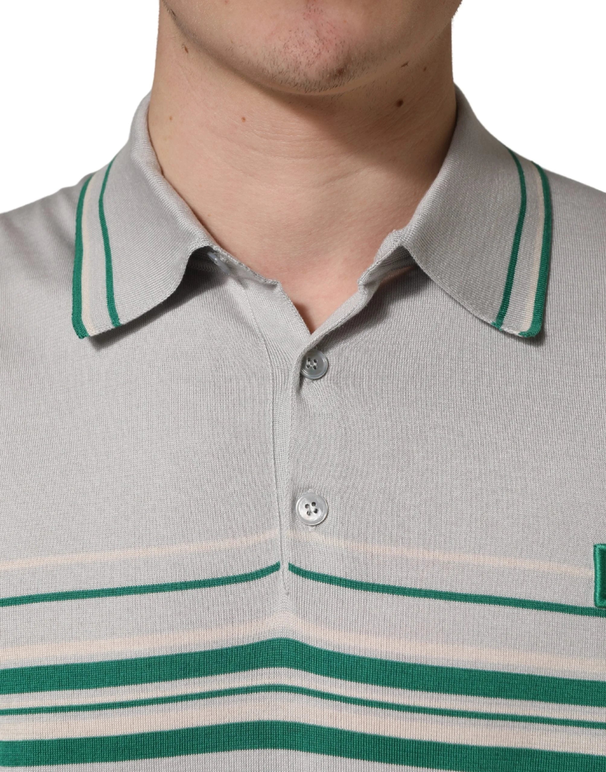 Dolce & Gabbana Gray Green Striped Logo Silk Polo T-shirt - IT56 | XXL