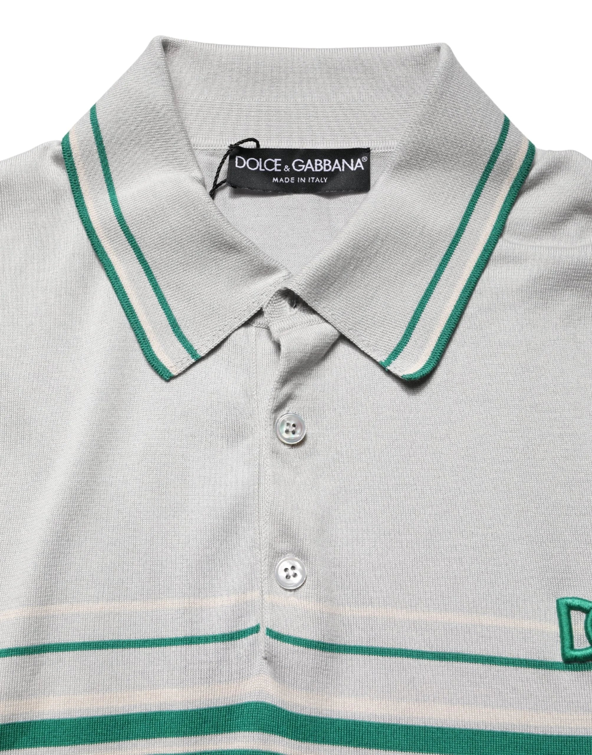 Dolce & Gabbana Gray Green Striped Logo Silk Polo T-shirt - IT56 | XXL