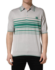 Dolce & Gabbana Gray Green Striped Logo Silk Polo T-shirt - IT56 | XXL