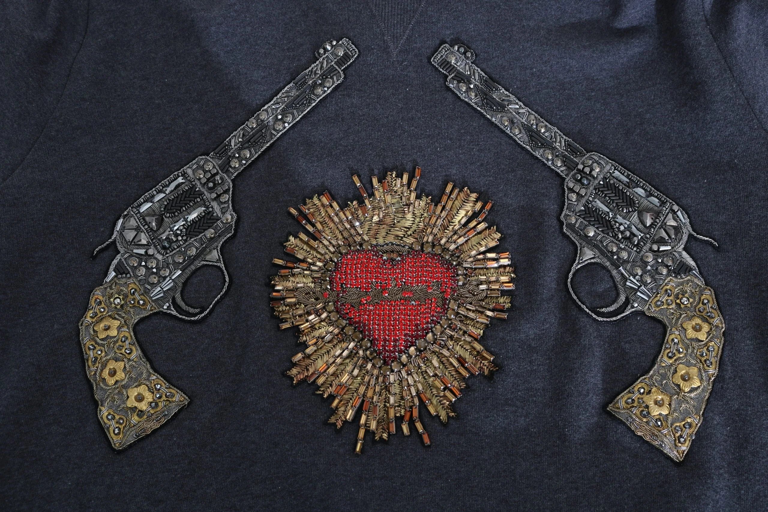 Dolce & Gabbana Gray Hooded Red Crystal Heart Gun Sweater - Hoodies