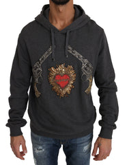 Dolce & Gabbana Gray Hooded Red Crystal Heart Gun Sweater - Hoodies