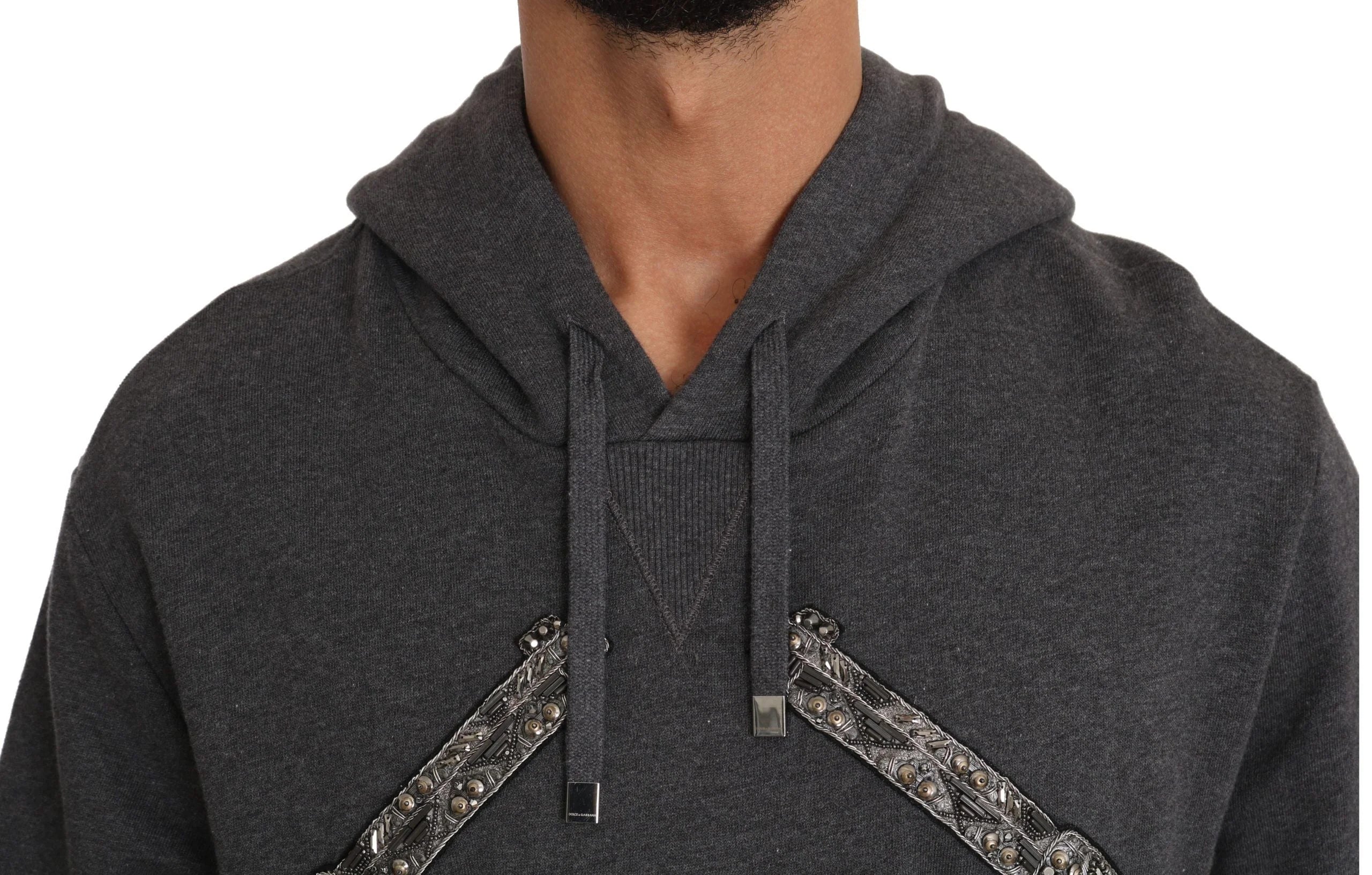 Dolce & Gabbana Gray Hooded Red Crystal Heart Gun Sweater - Hoodies