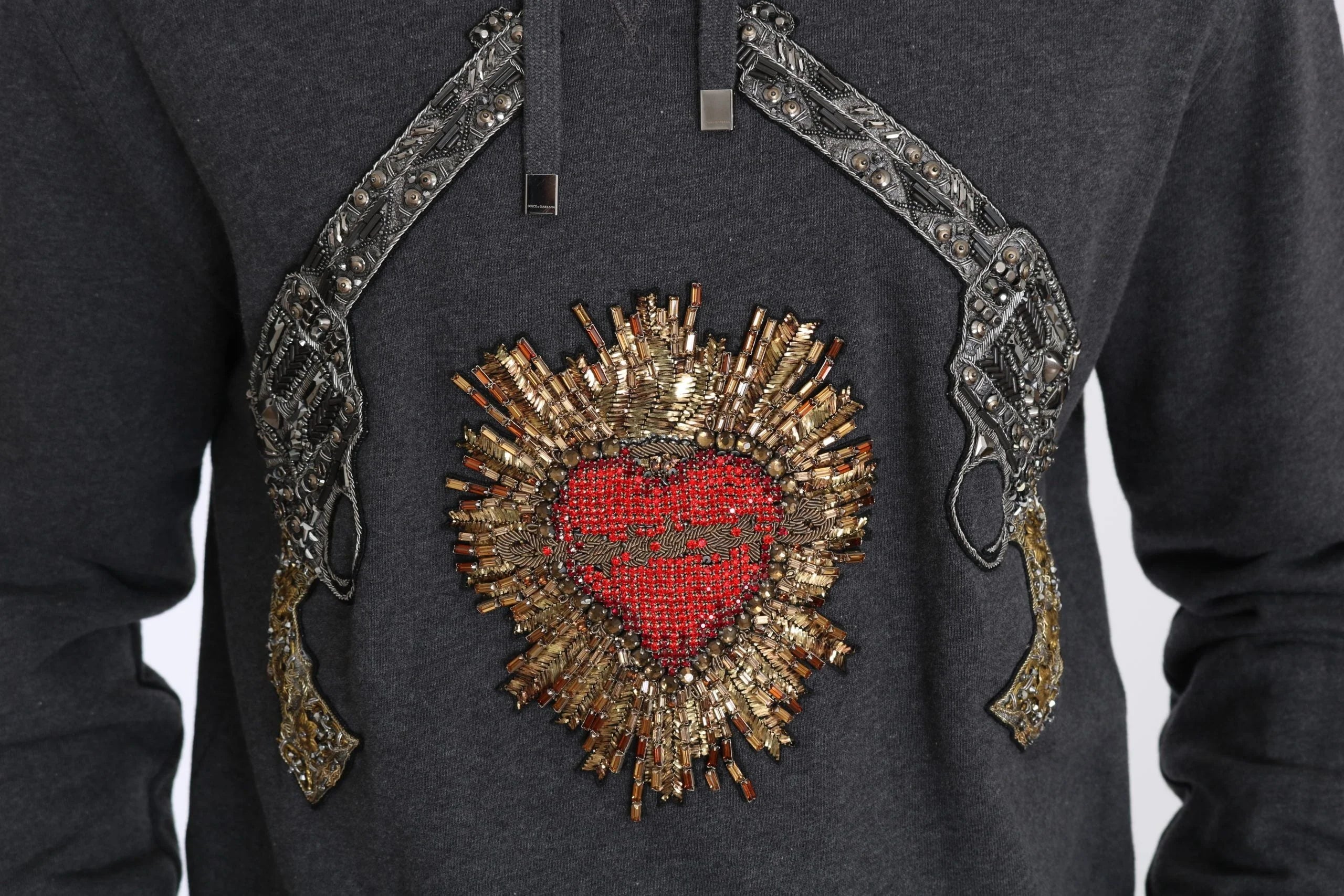 Dolce & Gabbana Gray Hooded Red Crystal Heart Gun Sweater - Hoodies