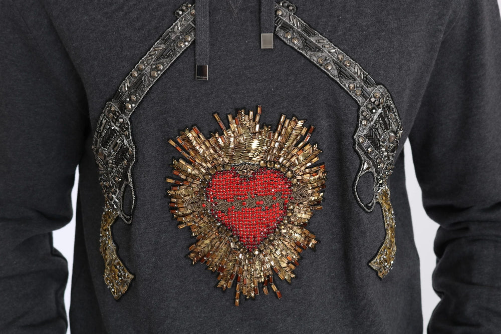 Dolce & Gabbana Gray Hooded Red Crystal Heart Gun Sweater - Hoodies