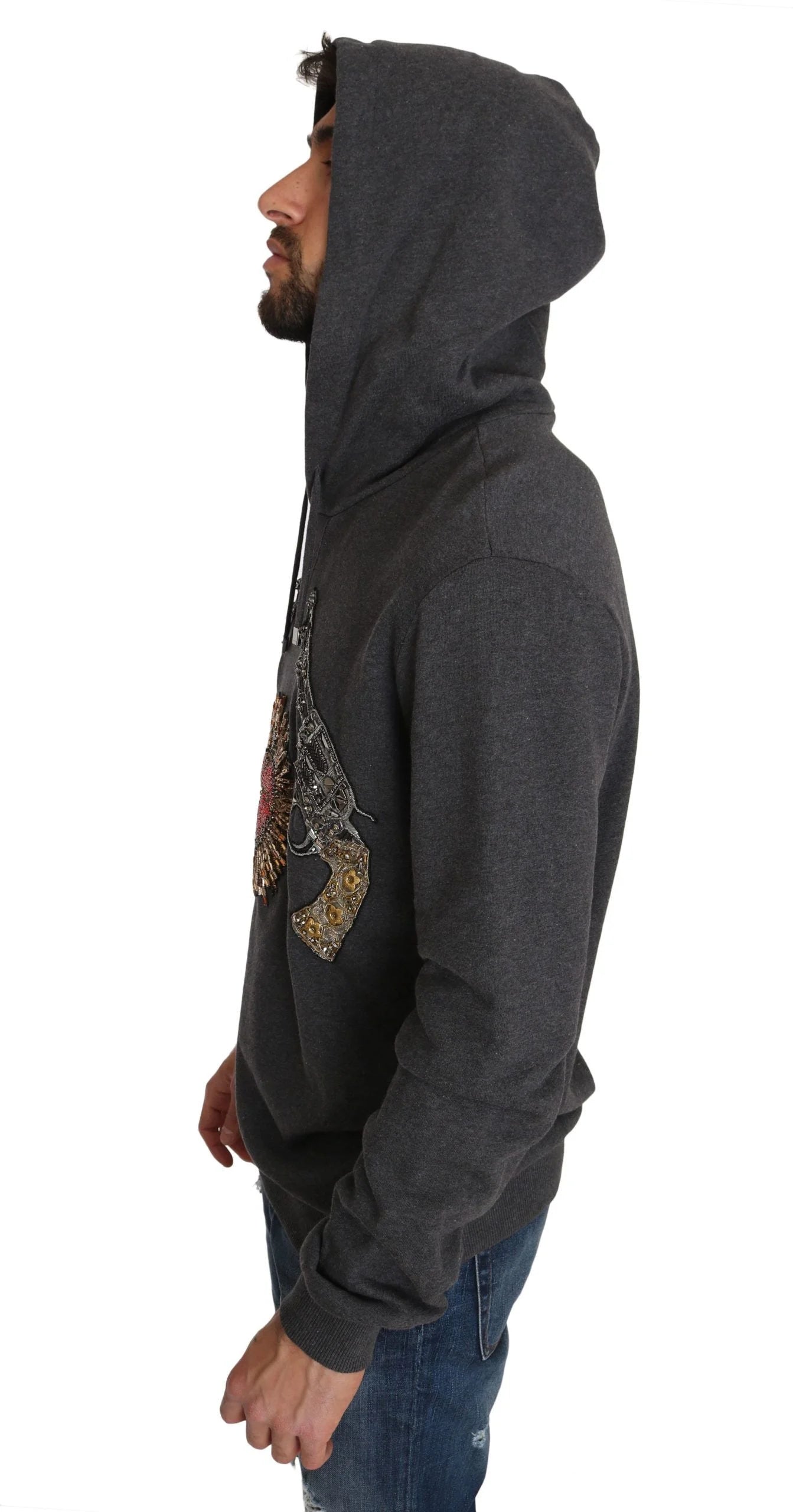 Dolce & Gabbana Gray Hooded Red Crystal Heart Gun Sweater - Hoodies