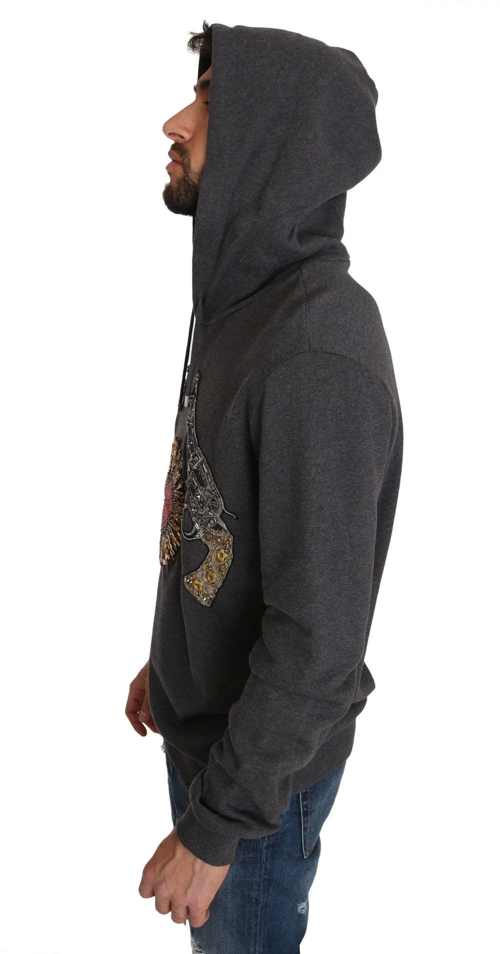 Dolce & Gabbana Gray Hooded Red Crystal Heart Gun Sweater - Hoodies