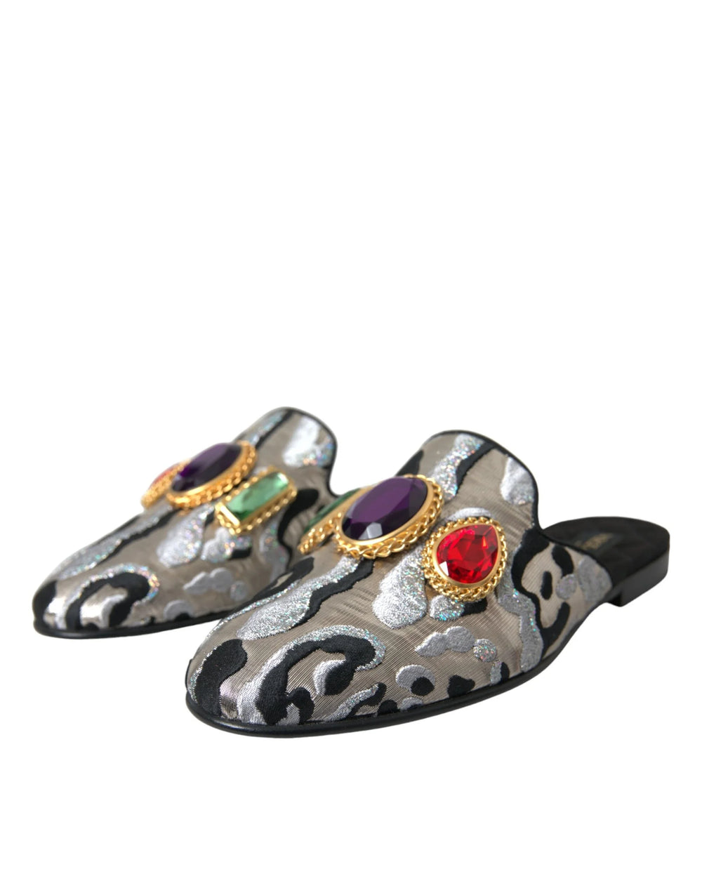 Dolce & Gabbana Gray Jacquard Crystal Mule Flat Sandals Shoes - EU40/US9.5 - Flats