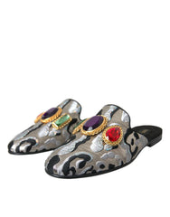 Dolce & Gabbana Gray Jacquard Crystal Mule Flat Sandals Shoes - EU40/US9.5 - Flats