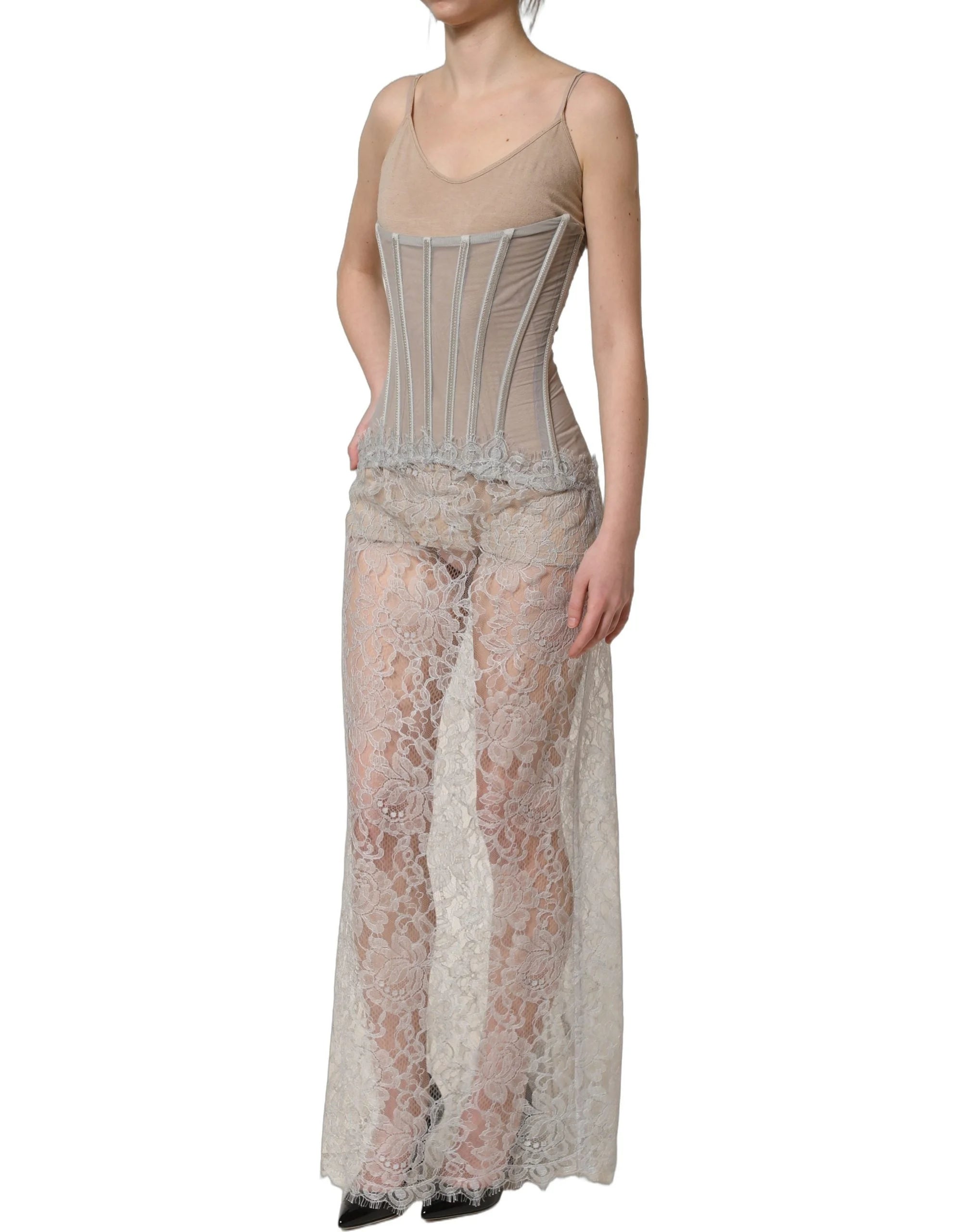 Dolce & Gabbana Gray Lace Corset Style Bodice Maxi Dress - IT40|S