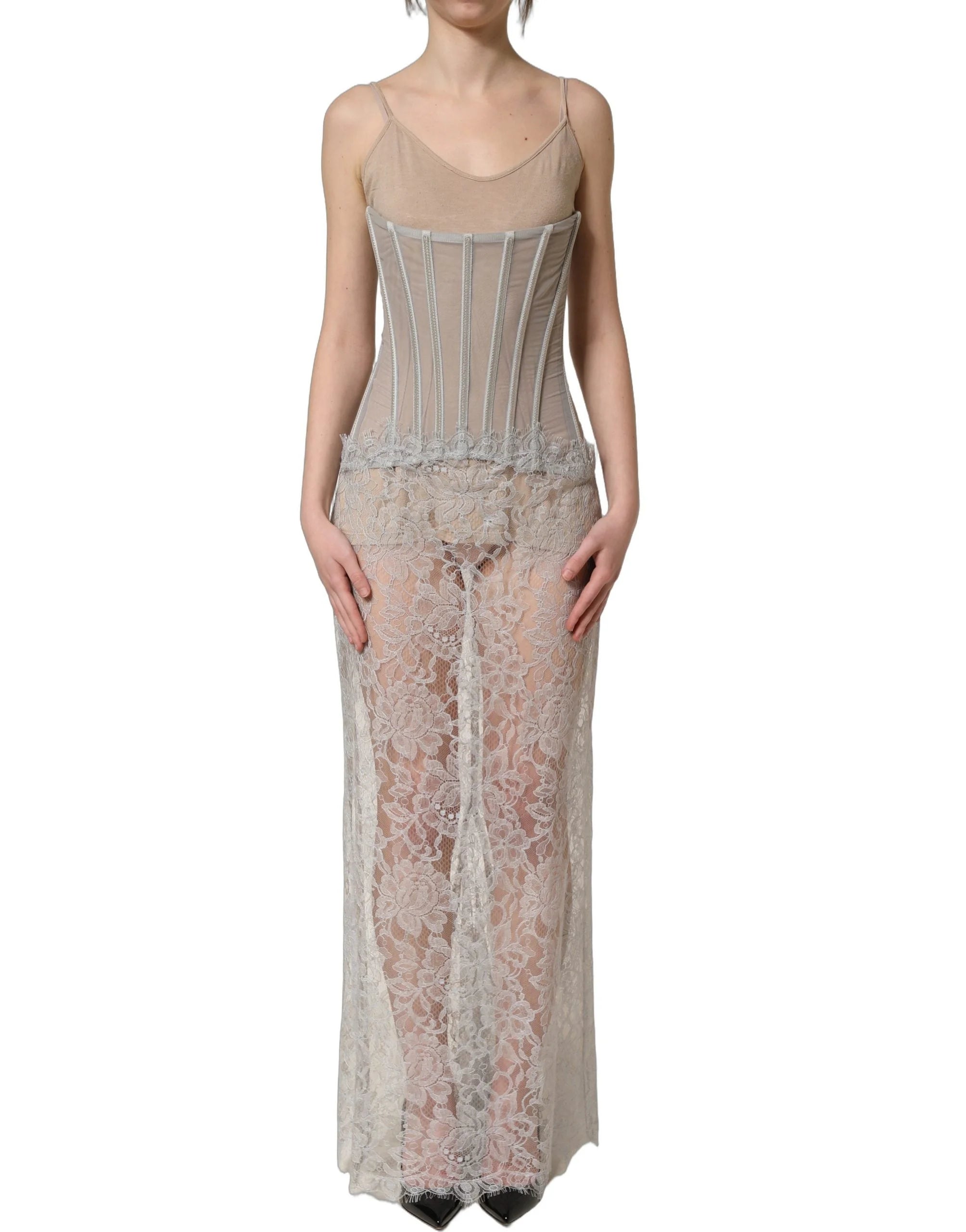 Dolce & Gabbana Gray Lace Corset Style Bodice Maxi Dress - IT40|S