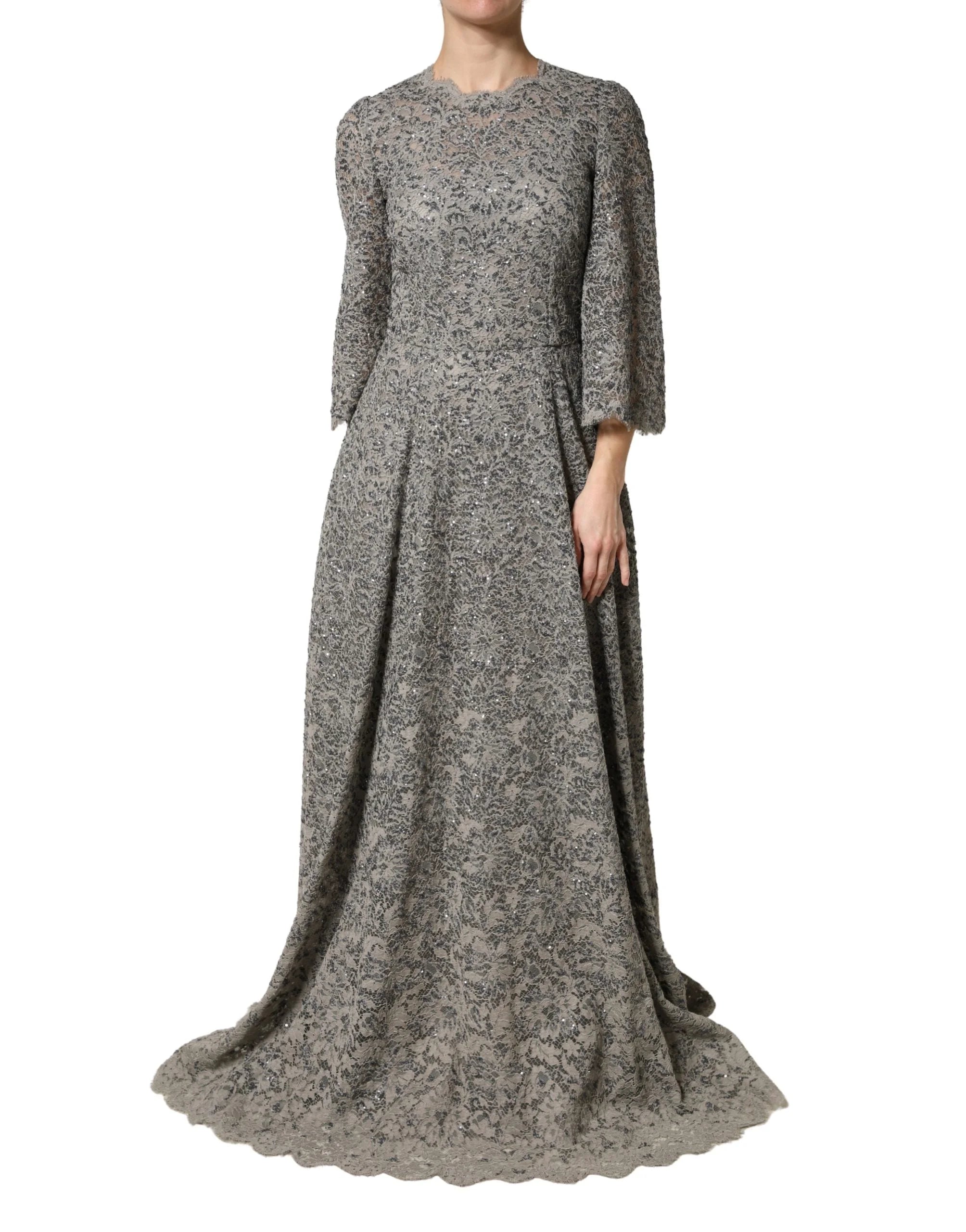 Dolce & Gabbana Gray Lace Long Sleeves Cotton Maxi Dress - IT44 | L