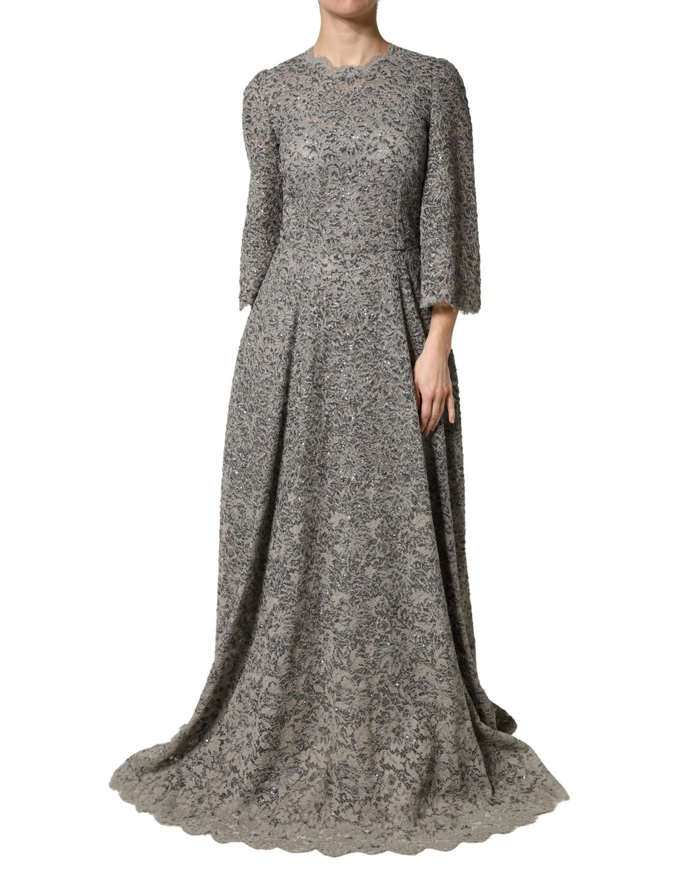 Dolce & Gabbana Gray Lace Long Sleeves Cotton Maxi Dress - IT44 | L
