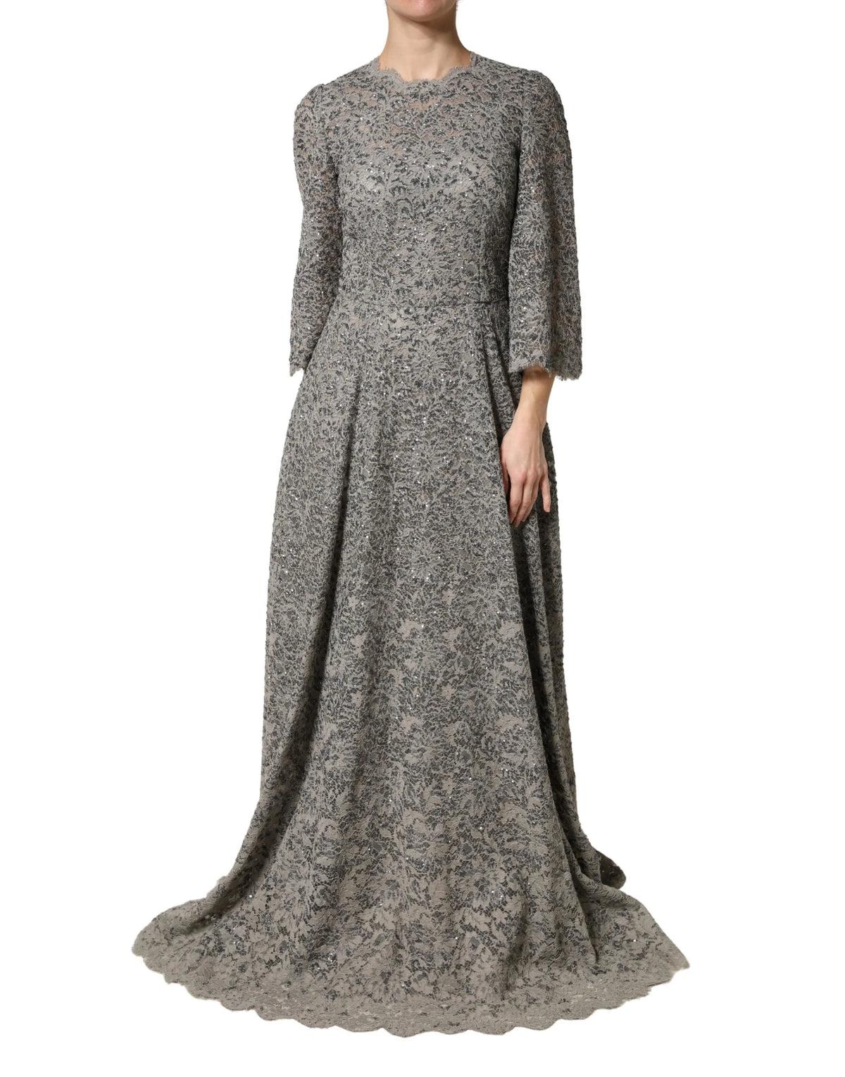 Dolce & Gabbana Gray Lace Long Sleeves Cotton Maxi Dress - IT44 | L