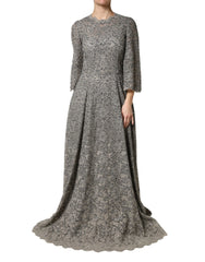 Dolce & Gabbana Gray Lace Long Sleeves Cotton Maxi Dress - IT44 | L