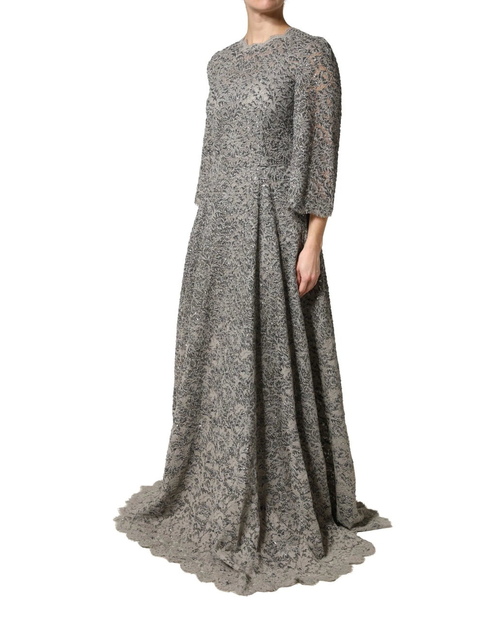 Dolce & Gabbana Gray Lace Long Sleeves Cotton Maxi Dress - IT44 | L