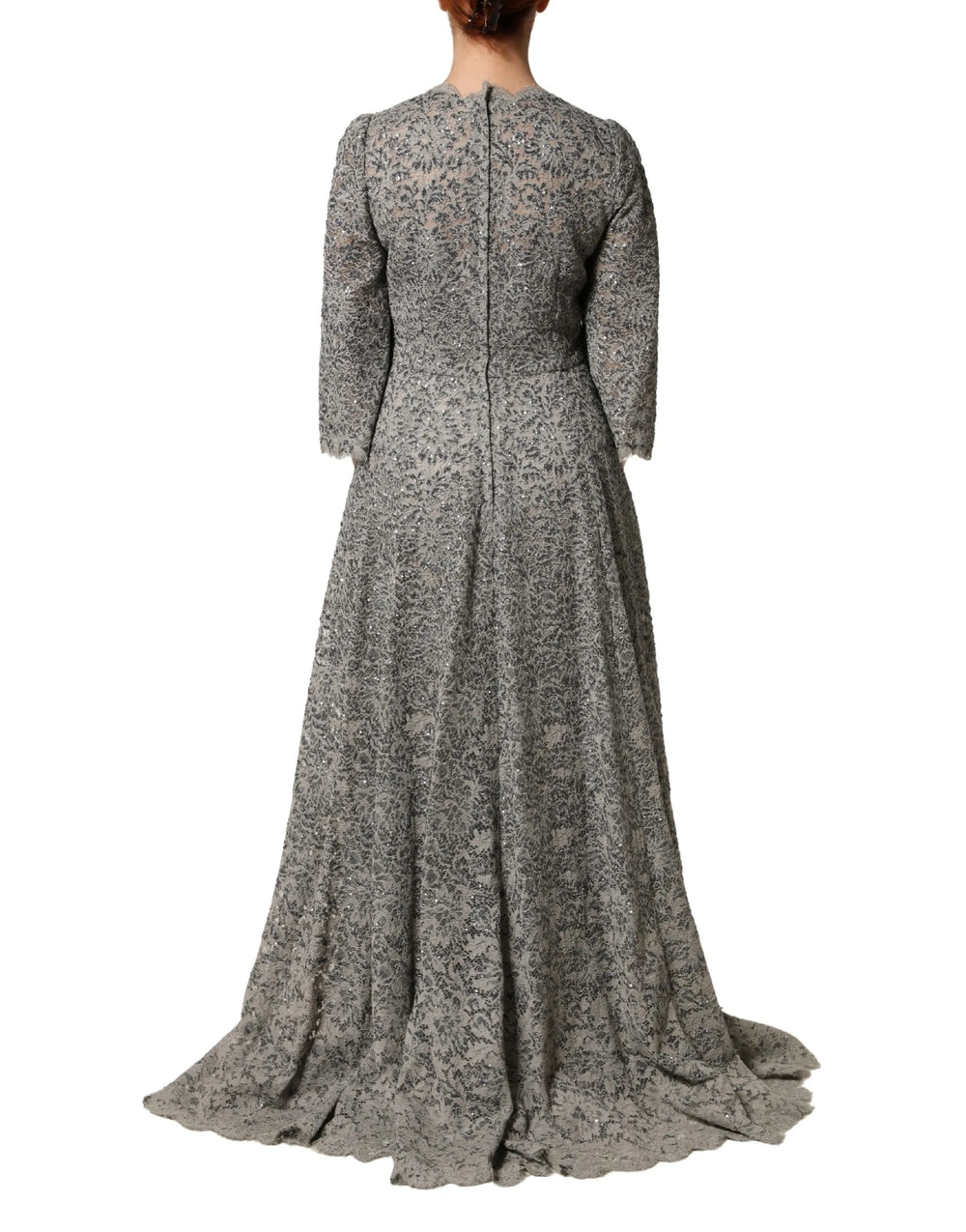 Dolce & Gabbana Gray Lace Long Sleeves Cotton Maxi Dress - IT44 | L
