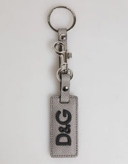 Dolce & Gabbana Gray Leather Logo Metal Ring Keychain Holder Men Keyring - Keychains