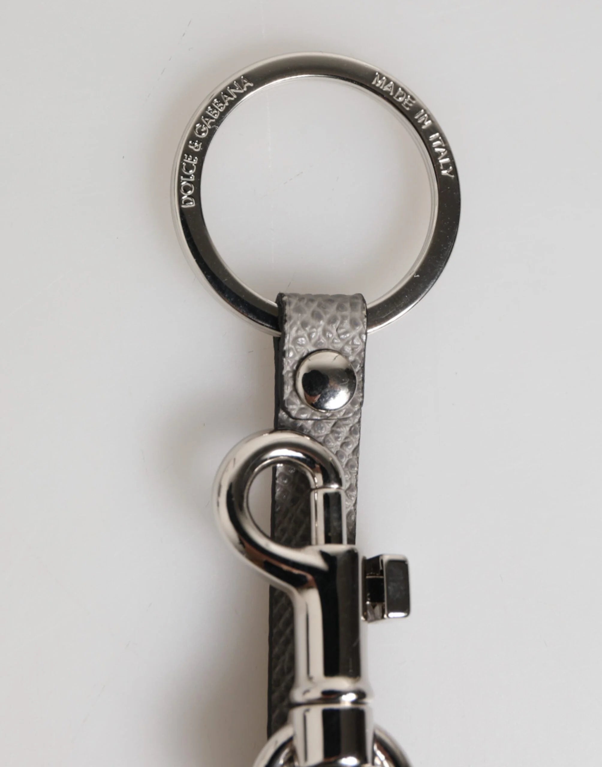 Dolce & Gabbana Gray Leather Logo Metal Ring Keychain Holder Men Keyring - Keychains